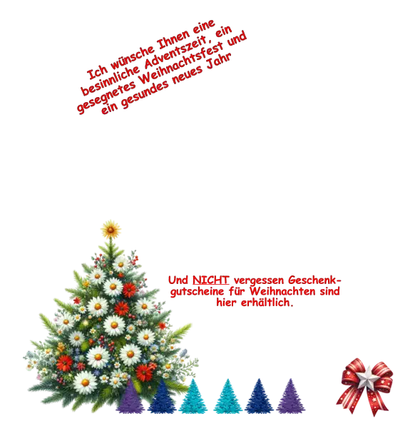 Ich wünsche Ihnen eine besinnliche Adventszeit, ein gesegnetes Weihnachtsfest und ein gesundes neues Jahr Und NICHT vergessen Geschenk-gutscheine für Weihnachten sind hier erhältlich.